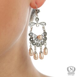 925 Silver Half Flower Design Chandelier, Hoop Filigree Earrings with Pink Pearl - Nusrettaki