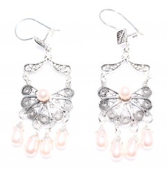 925 Silver Half Flower Design Chandelier, Hoop Filigree Earrings with Pink Pearl - Nusrettaki (1)