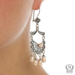 925 Silver Half Flower Design Chandelier, Screw Filigree Earrings with Pink Pearl - Nusrettaki