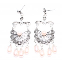 925 Silver Half Flower Design Chandelier, Screw Filigree Earrings with Pink Pearl - Nusrettaki (1)