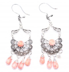 925 Silver Half Flower Design Chandelier, Hoop Filigree Earrings with Red Coral Stone - Nusrettaki