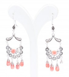 925 Silver Half Flower Design Chandelier, Hoop Filigree Earrings with Red Coral Stone - Nusrettaki (1)