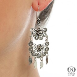 925 Silver Half Flower Design Chandelier, Hoop Filigree Earrings - Nusrettaki