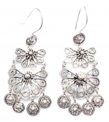 925 Sterling Silver Half Flower Design Chandelier Filigree Earrings - Nusrettaki