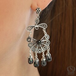 925 Silver Half Flower Design Chandelier, Screw Filigree Earrings with Black Pearl - Nusrettaki