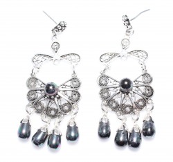 925 Silver Half Flower Design Chandelier, Screw Filigree Earrings with Black Pearl - Nusrettaki (1)