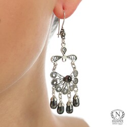 925 Silver Half Flower Design Chandelier, Hoop Filigree Earrings with Black Pearl - Nusrettaki