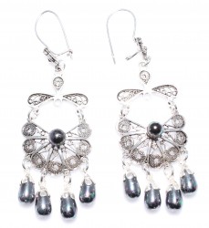 925 Silver Half Flower Design Chandelier, Hoop Filigree Earrings with Black Pearl - Nusrettaki (1)