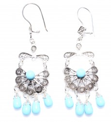 925 Silver Half Flower Design Chandelier, Hoop Filigree Earrings with Turquoise - Nusrettaki
