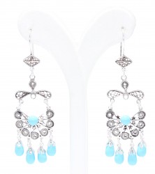 925 Silver Half Flower Design Chandelier, Hoop Filigree Earrings with Turquoise - Nusrettaki (1)