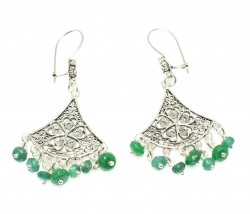 925 Sterling Silver Filigree Dangle Earrings with Faceted Emeralds - Nusrettaki