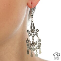 925 Sterling Silver Half Flower Design Scaled Dangle Filigree Earrings - Nusrettaki