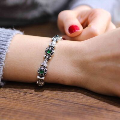 925 Ayar Gümüş Yeşil Akik Taşlı Antik Bileklik - 4