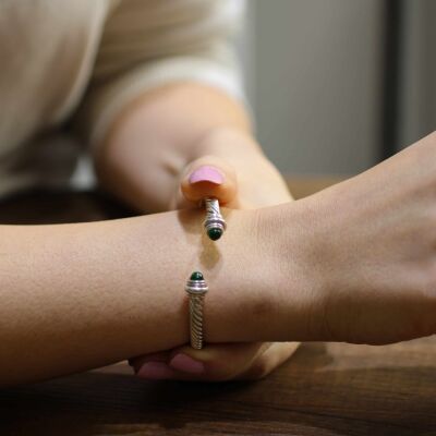 925 Ayar Gümüş Yeşil Akik Taşlı Burgu Kollu Erkek Bileziği - 1