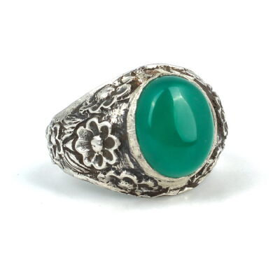 925 Ayar Gümüş Yeşil Akik Taşlı Erkek Yüzük - 5