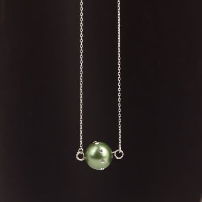 925 Ayar Gümüş 12 mm Yeşil İncili Üzeri Zirkon Taşlı Kolye - 2