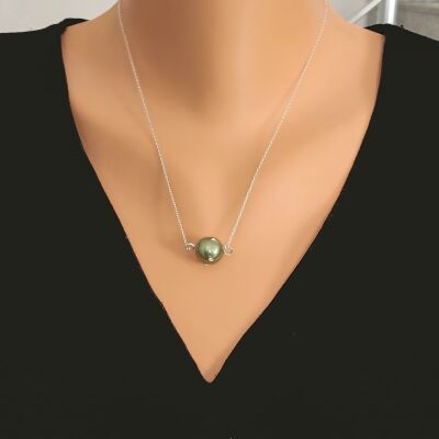 925 Ayar Gümüş 12 mm Yeşil İncili Üzeri Zirkon Taşlı Kolye - 1