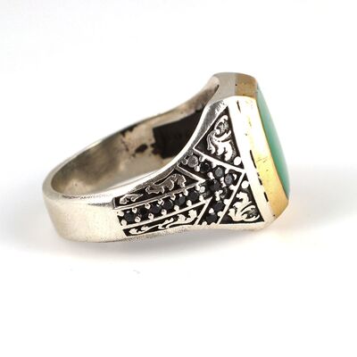 925 Ayar Gümüş Yeşil Mineli Erkek Yüzük - 4