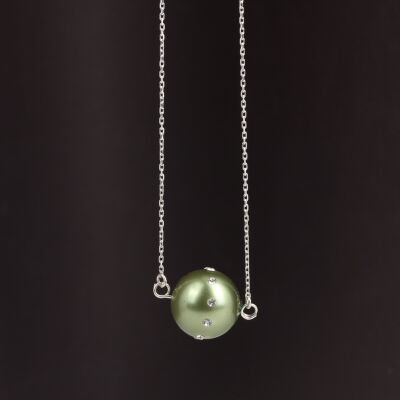 925 Ayar Gümüş 14 mm Yeşil Renk İnci Üzeri Zirkon Taşlı Kolye - 2