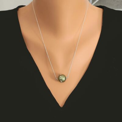 925 Ayar Gümüş 14 mm Yeşil Renk İnci Üzeri Zirkon Taşlı Kolye - 1