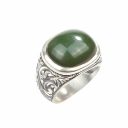 925 Ayar Gümüş Oval Yeşil Renk Sıkma Kehribar Taşlı Kalemkar Erkek Yüzüğü - Nusrettaki