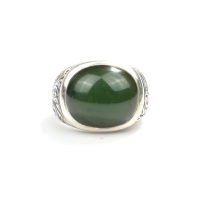 925 Ayar Gümüş Oval Yeşil Renk Sıkma Kehribar Taşlı Kalemkar Erkek Yüzüğü - 4