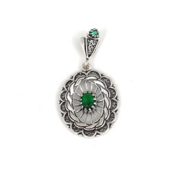 925 Ayar Gümüş Yeşil Taş Telkari Kolye Ucu - Nusrettaki