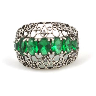 925 Ayar Gümüş Yeşil Taşlı Telkari Yüzük - 4