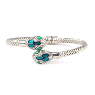 925 Ayar Gümüş Yeşil Taşlı Yılan Başı Burgu Kol Erkek Bileziği - 2