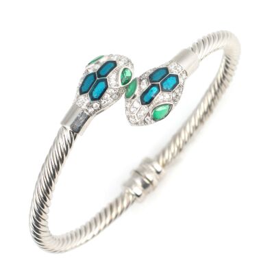 925 Ayar Gümüş Yeşil Taşlı Yılan Başı Burgu Kol Erkek Bileziği - 1