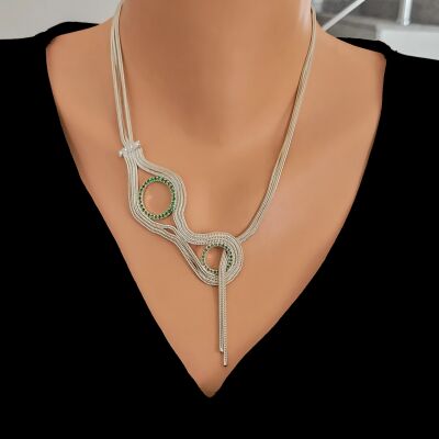Silver Foxtail Chain Necklace with Green CZ - 1