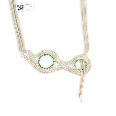 Silver Foxtail Chain Necklace with Green CZ - 2