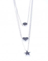 Sterling Silver Triple Chain Necklace with Star, Heart, Sphere - White Gold Vermeil - Nusrettaki (1)