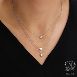Sterling Silver Triple Chain Necklace with Star, Heart, Sphere - White Gold Vermeil - Nusrettaki