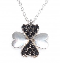 Sterling Silver Hearts Clover Necklace with Black CZ - Nusrettaki (1)