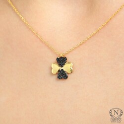 Sterling Silver Hearts Clover Necklace with Black CZ - Nusrettaki