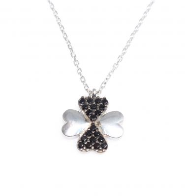 925 Ayar Gümüş Siyah Taşlı Yonca Kalp Kolye - 8