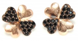 925 Rose Silver Clover with Heart Shaped Leaves Stud Earrings, Black Zircon - Nusrettaki