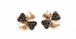 925 Rose Silver Clover with Heart Shaped Leaves Stud Earrings, Black Zircon - Nusrettaki (1)