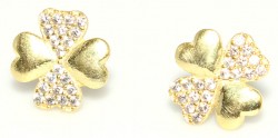 925 Gold Silver Clover with Heart Shaped Leaves Stud Earrings, White Zircon - Nusrettaki