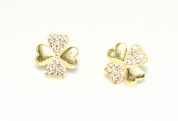 925 Gold Silver Clover with Heart Shaped Leaves Stud Earrings, White Zircon - Nusrettaki (1)