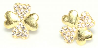 925 Gold Silver Clover with Heart Shaped Leaves Stud Earrings, White Zircon - 1