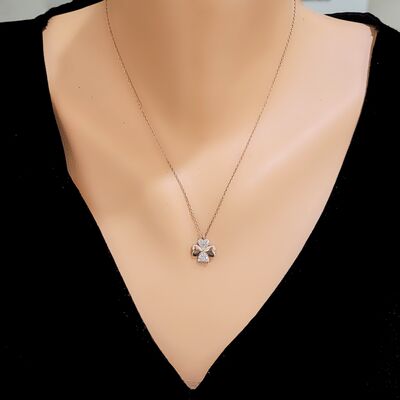 925 Sterling Silver Clover Heart Necklace with White CZ - 1