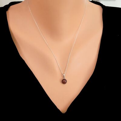 925 Ayar Gümüş Yuvarlak Akik Taşlı Kolye - 1