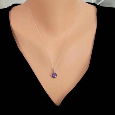 925 Ayar Gümüş Yuvarlak Ametist Renk Taşlı Kolye - 1