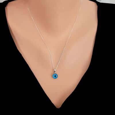 925 Ayar Gümüş Yuvarlak Göz Boncuğu Taşlı Kolye - 1