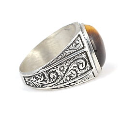 925 Ayar Gümüş Yuvarlak Kaplan Gözü Taşlı Sekizgen Kenarlı Erkek Yüzük - 5