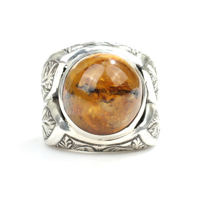 925 Ayar Gümüş Yuvarlak Kehribar Taşlı Erkek Yüzüğü - 4