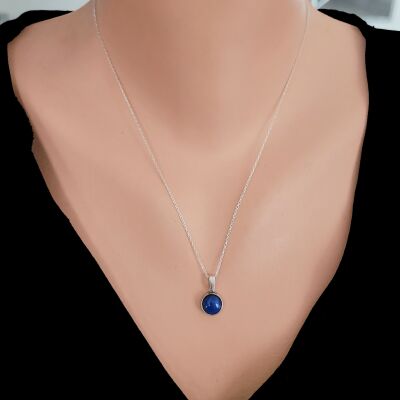 925 Ayar Gümüş Yuvarlak Lapis Renk Taşlı Kolye - 1