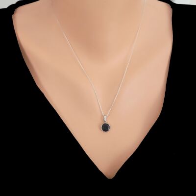 925 Ayar Gümüş Yuvarlak Safir Renk Taşlı Kolye - 1